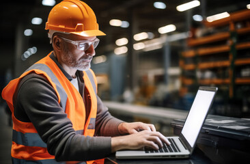 man using a laptop on an industrial warehouse