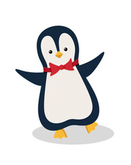 Cute cartoon penguin in a bow tie dancing. Vector illustration of a funny animal. Holiday concept.