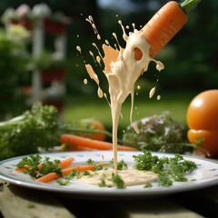 Carrot stick dipped in ranch dressing with splashes and waves a fresh garden backdrop - obrazy, fototapety, plakaty