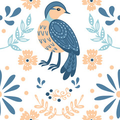 Seamless pattern with stylized small cartoon bird blue pattern cute animal design vector illustration on white background