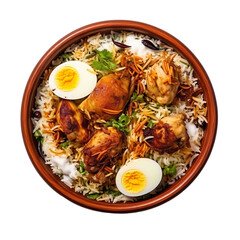 top view of indian food Hyderabadi Biryani isolated on a transparent white background 