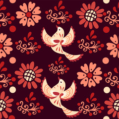 Seamless pattern with stylized small cartoon bird red pattern cute animal design vector illustration on white background