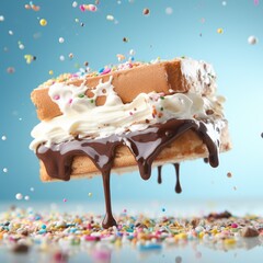 Ice cream sandwich submerged in sprinkles with splashes and waves - obrazy, fototapety, plakaty
