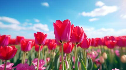 A vibrant field of pink tulips under a clear blue sky