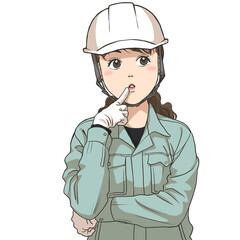 The facial expression of a female maintenance staff thinking something, wearing a safety helmet and gloves