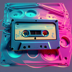 Colorful cassette tape in retro and vintage style, isolated on fantasy background