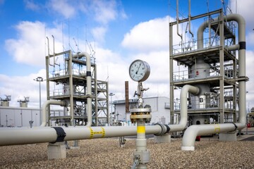 Manometer on natural gas pipeline compressor station with other gas facilities
