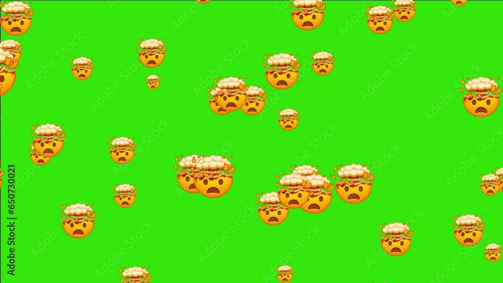 Poster shocked face with exploding head. animated falling emojis. social media icons symbol animation with 
