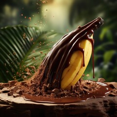 Banana slice dipped in chocolate fondue with splashes and waves