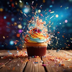 Cupcake submerged in confetti frosting with splashes and waves - obrazy, fototapety, plakaty