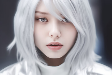 Portrait of Futuristic Milenium girl with short grey hair seem like robot over spectrum or future light background. Generative AI.