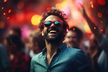 Happy handsome man at an outdoor festival. Dancing cheerful guy in sunglasses at a music party