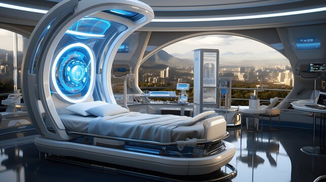 A futuristic image of a medical room with a large window overlooking a city.