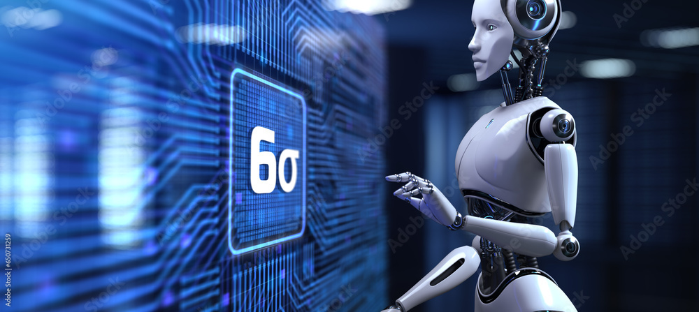 Poster six sigma dmaic lean manufacturing concept. robot pressing button on screen 3d render.