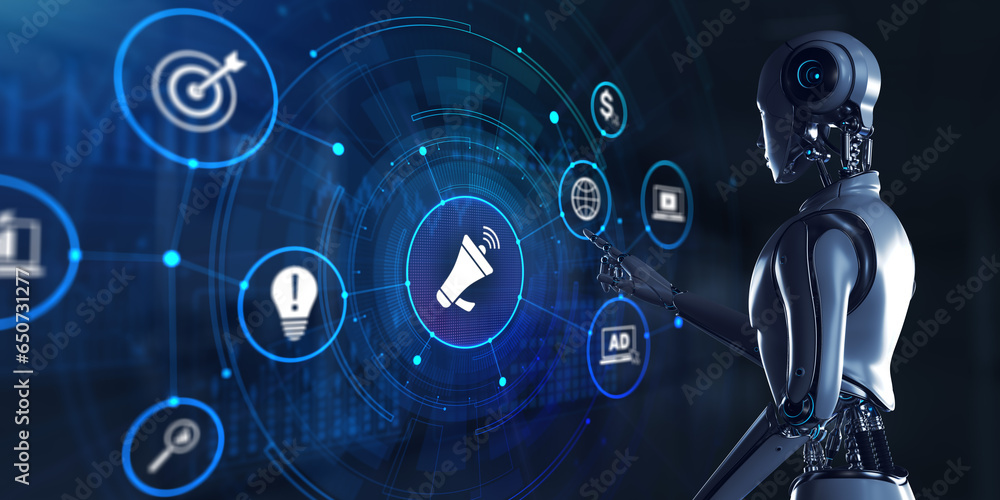 Poster advertising marketing automation technology concept. 3d render robot pressing virtual button.