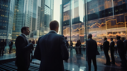 Businessmen, office building, stock market charts, finance, analysis, investment, corporate, strategy, data, professionals