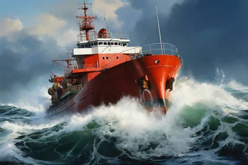 Photo sur Plexiglas Naufrage A cargo or fishing ship is caught in a severe storm. Ship at sea on big waves. The threat of shipwreck. Element in the ocean. The hard work of a sailor.