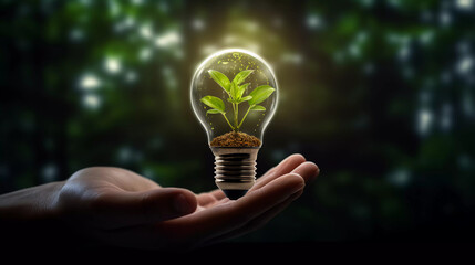 light bulb with plant. green energy concept  - obrazy, fototapety, plakaty