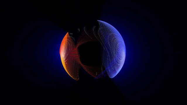 Abstract orange blue sphere made of moving particles and shining lines with a glass effect and glowing background , video 4k , 60 fps