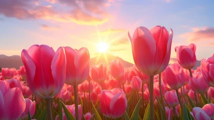 Poster A vibrant field of pink tulips illuminated by the golden rays of the sun © cac_tus