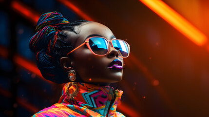 African woman with rainbow colors make up, wearing fashionable colorful sunglasses, in style of afrofuturism