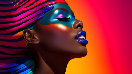 African woman with rainbow colors make up, in style of afrofuturism