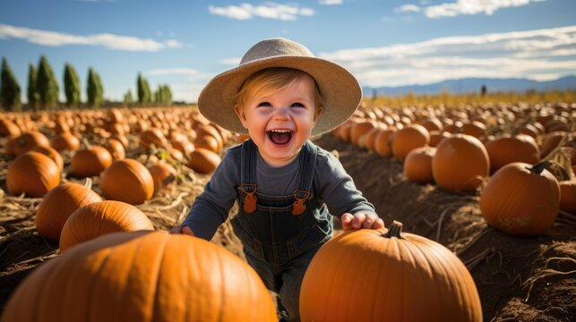 Beautiful little boy in pumpkin patch field at sunny autumn day. Happy cute child laughing. Baby playing outdoors with pumpkins on Halloween.