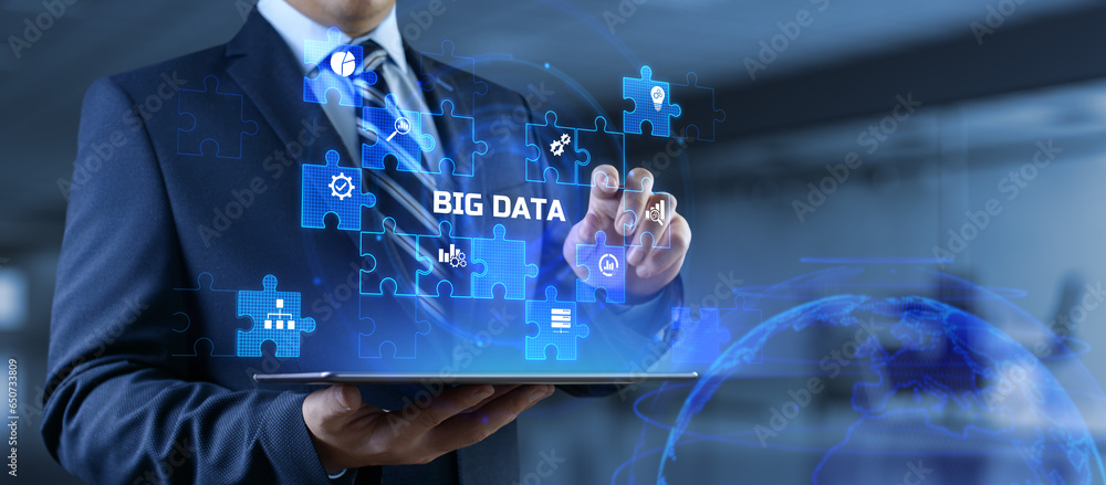 Poster big data analysis analytics internet technology concept. businessman pressing button on screen.