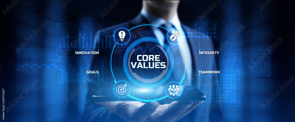 Poster core values responsibility innovation. businessman pressing button on screen.