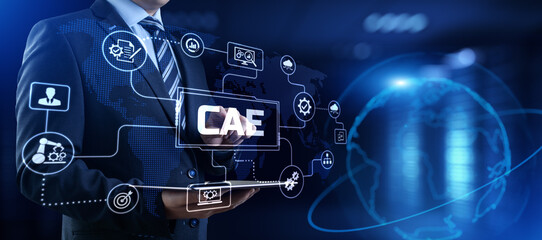 CAE Computer-aided engineering software system concept. Businessman pressing button on screen.