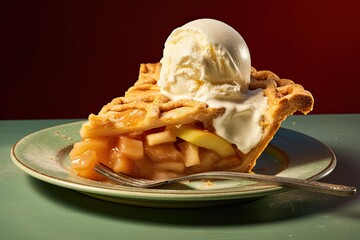 Slice of warm apple pie with a scoop of vanilla ice cream melting on top. Generative AI
