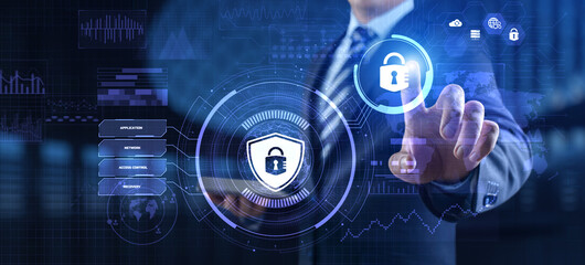 Cyber security access control data protection personal information privacy concept. Businessman pressing button on screen.