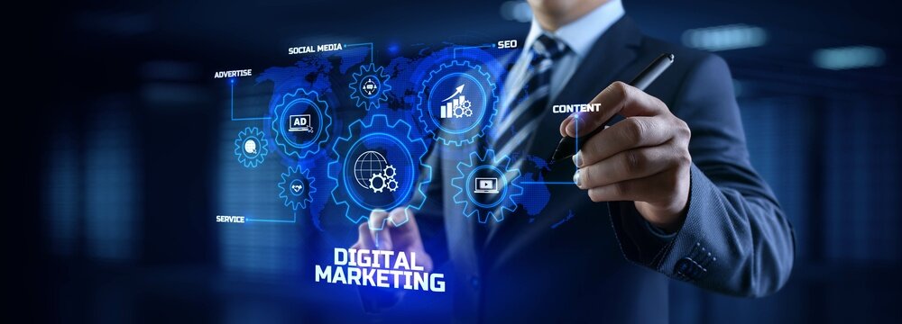 DIgital marketing online internet SEO SEM SMM. Businessman pressing button on screen.