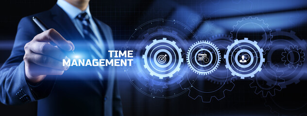 Time management planning productivity business concept. Businessman pressing button.