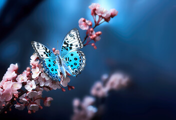 Branch of flowering cherry tree with butterfly on blue spring background. .