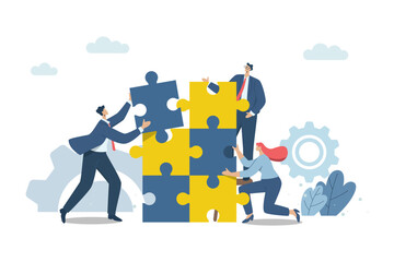 Problem solving, management, smart planning, Colleagues putting together effective solutions to work problems, A team of business men and women, or business partners putting together a jigsaw puzzle.