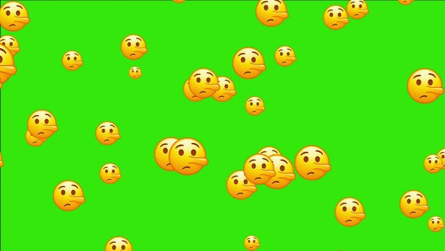 Liar emoji. Pinocchio emoticon with long nose, lying yellow face. Animated falling emojis. Social media icons symbol animation with green screen background.