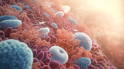 Microbiome of the bowel. Microorganisms, Bacteria, Viruses And Fungi. Generative AI. - obrazy, fototapety, plakaty