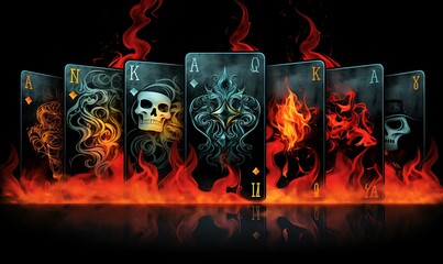 Illustration of a set of poker cards covered in smoke and fire on a black background, Generative Ai
