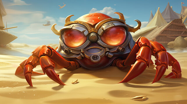 Cheeky crab with a pirate's eye-patch on a sandy beach.   AI generative