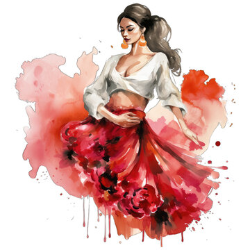 Beautiful Spanish Flamenco dancer, wearing a traditional red dress. Watercolor illustration
