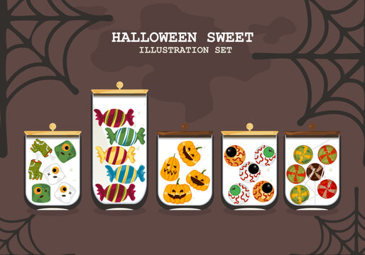 Halloween Desserts Awesome decorated toffee In a jar for October 31st and a scary dessert cartoon isolated in the background. Editable area For homemade cards Vector illustration.