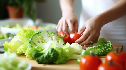 Close-up of women's hands preparing a healthy salad of fresh vegetables. Creative concept of healthy food delivery of daily ration. - obrazy, fototapety, plakaty