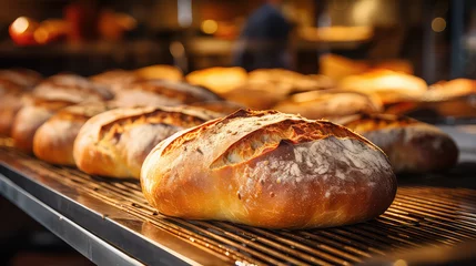 Foto op Plexiglas Bakkerij Freshly baked french crunchy bread on a pan in oven in bakery kitchen. A ruddy breakfast bread, close-up of the toasted crust.