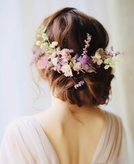 Obraz na płótnie Canvas 後ろ姿の花嫁の美しいまとめ髪、花の飾りのロングヘア