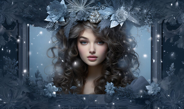 Fantasy Christmas card with a winter queen looking down from a decorated frame. AI digital art