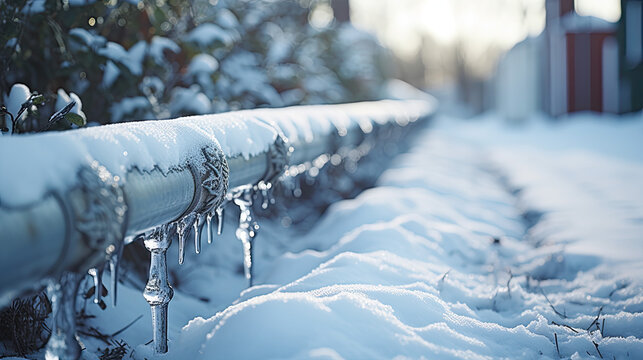 Icicles hang down from a pipe in winter