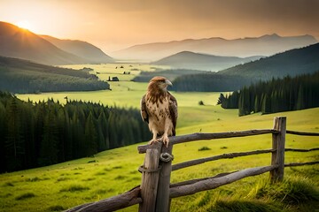 Paint a tranquil countryside view with a red-tailed hawk perched majestically on a weathered wooden fence