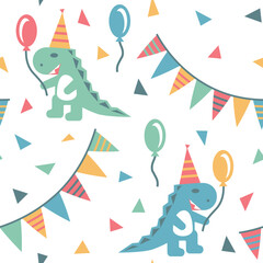 Cartoon dinosaur seamless pattern. Holiday happy birthday party background. Vector illustration.