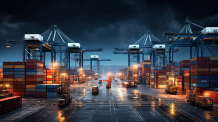 A bustling container port at night, with cranes loading and unloading cargo containers